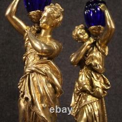 Paire de sculpture en métal doré deux statues style ancien verre 20ème siècle