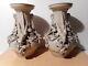 Paire Vase Ancien Faience Sarreguemines Sculpture Statue Oiseau Marque Aigle
