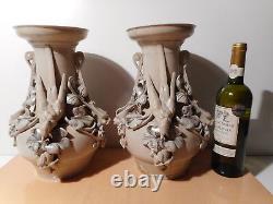 Paire vase ancien faience sarreguemines sculpture statue oiseau marque aigle