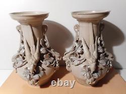 Paire vase ancien faience sarreguemines sculpture statue oiseau marque aigle