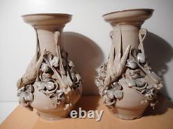 Paire vase ancien faience sarreguemines sculpture statue oiseau marque aigle
