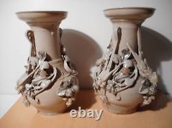 Paire vase ancien faience sarreguemines sculpture statue oiseau marque aigle