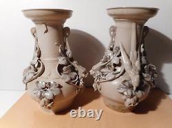 Paire vase ancien faience sarreguemines sculpture statue oiseau marque aigle