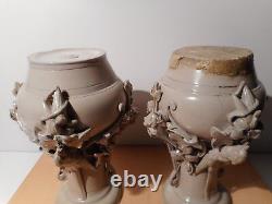 Paire vase ancien faience sarreguemines sculpture statue oiseau marque aigle