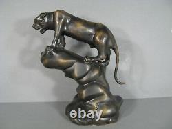 Panthère Sur Un Rocher Ancienne Sculpture Statue Animalière En Bronze Patiné