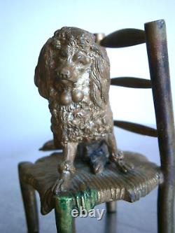 Petit Bronze 19°s Statue animalière décor Chien Vieille chaise Sculpture Ancien