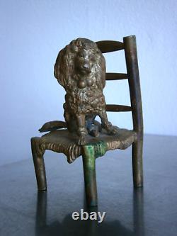 Petit Bronze 19°s Statue animalière décor Chien Vieille chaise Sculpture Ancien