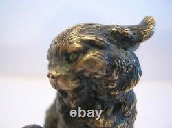 Petit Bronze Ancien Chat assis en Colère Ht. 5cm Grandes Oreilles Belle Ciselure