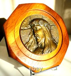 Plaque, Sculpture Bronze, Bas Relief Ancien Sur Bois, Christ, Signe M. Pollet