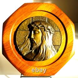 Plaque, Sculpture Bronze, Bas Relief Ancien Sur Bois, Christ, Signe M. Pollet