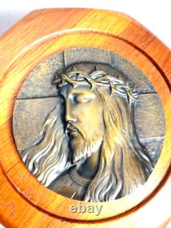 Plaque, Sculpture Bronze, Bas Relief Ancien Sur Bois, Christ, Signe M. Pollet