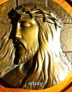Plaque, Sculpture Bronze, Bas Relief Ancien Sur Bois, Christ, Signe M. Pollet