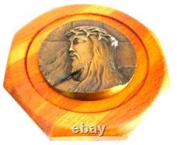 Plaque, Sculpture Bronze, Bas Relief Ancien Sur Bois, Christ, Signe M. Pollet