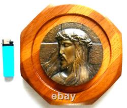 Plaque, Sculpture Bronze, Bas Relief Ancien Sur Bois, Christ, Signe M. Pollet