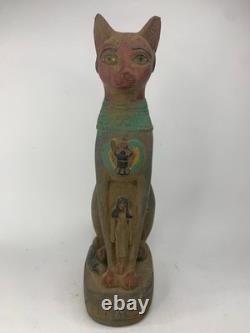 RARE ANCIENNE STATUE EGYPTIENNE ANTIQUE pierre pharaonique chat Bastet sculpture