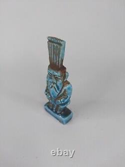 RARE ANCIENNE STATUE EGYPTIENNE pierre amulette faïence assise sculpture Bes