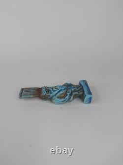 RARE ANCIENNE STATUE EGYPTIENNE pierre amulette faïence assise sculpture Bes