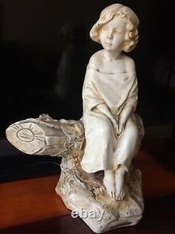 RARE ANCIENNE Sculpture statue Plâtre ENFANT A LA BUCHE de Michel Pascal H 39 cm