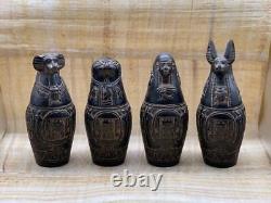 RARE ANTIQUE ANCIENNE STATUE ÉGYPTIENNE 4 Bocaux Canopes Boîte Dieu Isis
