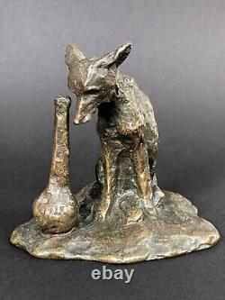 RARE ancien BRONZE signé ARY BITTER Fables de La Fontaine RENARD ET LA CIGOGNE