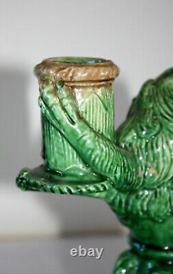 Rare Ancien Bougeoir En Ceramique Representant Un Lion Dresse