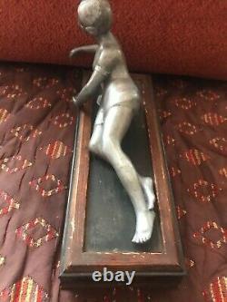 Rare Ancienne Statue Femme Élégante Art Nouveau En Métal Socle En Bois