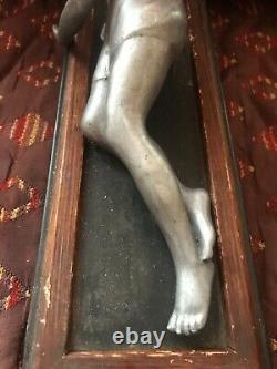 Rare Ancienne Statue Femme Élégante Art Nouveau En Métal Socle En Bois