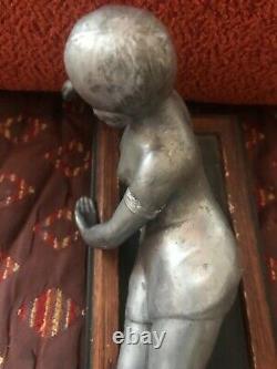 Rare Ancienne Statue Femme Élégante Art Nouveau En Métal Socle En Bois