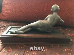 Rare Ancienne Statue Femme Élégante Art Nouveau En Métal Socle En Bois