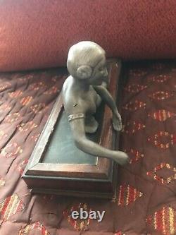 Rare Ancienne Statue Femme Élégante Art Nouveau En Métal Socle En Bois