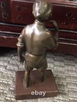 Rare Ancienne Statue Jeune Homme Indonesie En Bronze Et Socle En Bois