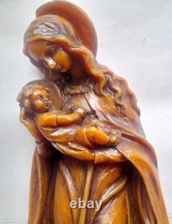 Rare Importante Ancienne Statue Religieuse Sainte Vierge Christ Jésus Sculpture