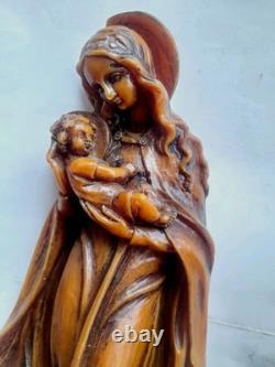 Rare Importante Ancienne Statue Religieuse Sainte Vierge Christ Jésus Sculpture