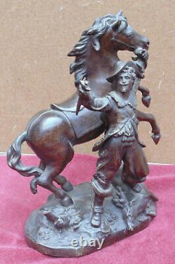 Rare ancien magnifique grande statue scene de chasse 19 eme cheval homme & cerf