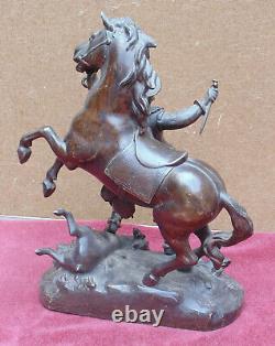 Rare ancien magnifique grande statue scene de chasse 19 eme cheval homme & cerf