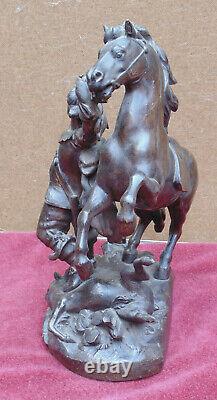 Rare ancien magnifique grande statue scene de chasse 19 eme cheval homme & cerf