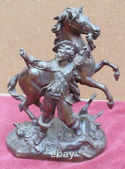 Rare ancien magnifique grande statue scene de chasse 19 eme cheval homme & cerf