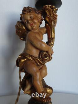 Rare ancienne paire de lampes statuettes anges en bois sculpté ANRI Italie
