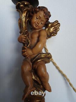 Rare ancienne paire de lampes statuettes anges en bois sculpté ANRI Italie