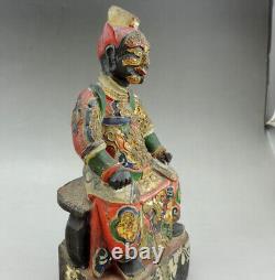 Rare ancienne statue de Thor Chinois en bois peint polychrome doré chine 18eme