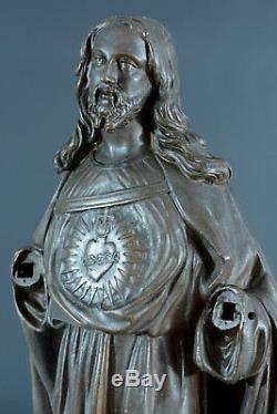 Rare ancienne statue religieuse en bronze Christ au sacré Coeur sculpture