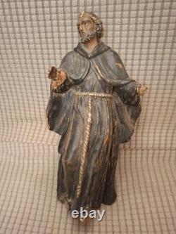SAINT MOINE BARBU/ANCIENNE STATUE RELIGIEUSE/BOIS SCULPTé PEINT/H. 22cm/XVIIIè