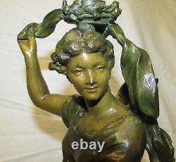 STATUE JEUNE FEMME DEESSE REGULE PATINE BRONZE PIED DE LAMPE 19ème ANCIENNE