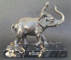 SUBLIME ancienne SCULPTURE CORNAC SUR ELEPHANT régule patine bronze socle marbre