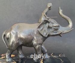 SUBLIME ancienne SCULPTURE CORNAC SUR ELEPHANT régule patine bronze socle marbre
