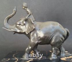 SUBLIME ancienne SCULPTURE CORNAC SUR ELEPHANT régule patine bronze socle marbre