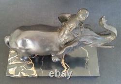 SUBLIME ancienne SCULPTURE CORNAC SUR ELEPHANT régule patine bronze socle marbre
