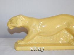 SUPERBE ANCIENNE SCULPTURE Art Déco en Céramique Craquelée Jaune LIONNE