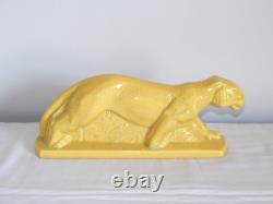 SUPERBE ANCIENNE SCULPTURE Art Déco en Céramique Craquelée Jaune LIONNE