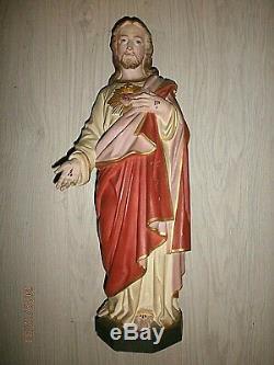 SUPERBE ANCIENNE STATUE RELIGIEUSE/JESUS SACRE-COEUR/TERRE CUITE PEINT/H. 47,5 cm